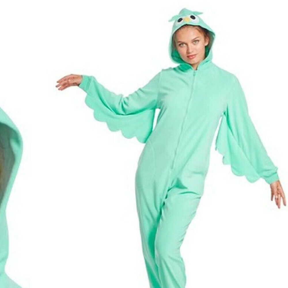 Nick & Nora Pajamas Owl Teal Green One Piece Fleece Hooded costume woman euc